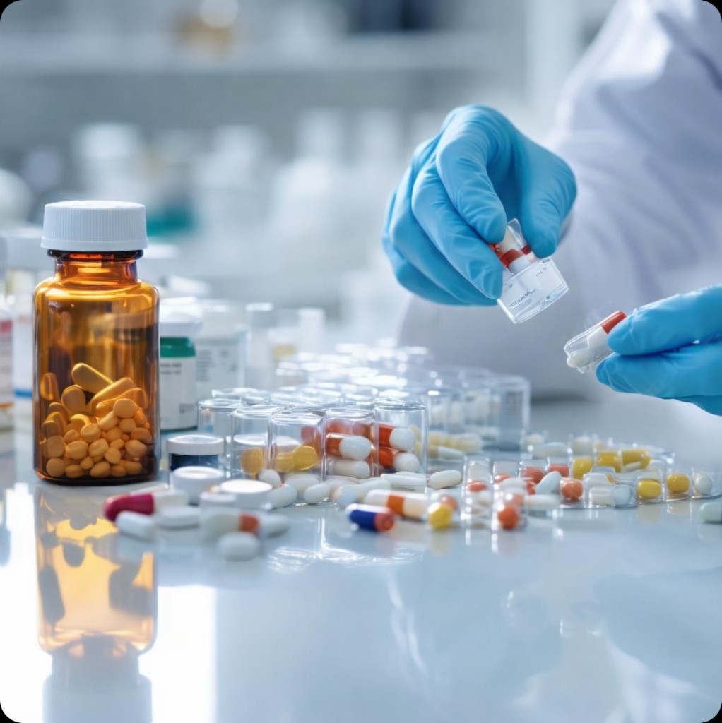 Pharmaceutical team handling medicine samples